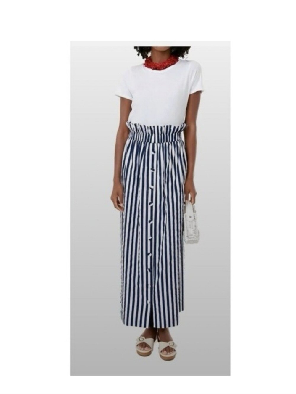 Pomander Place Navy and White Striped Paperbag Waist Maxi Skirt